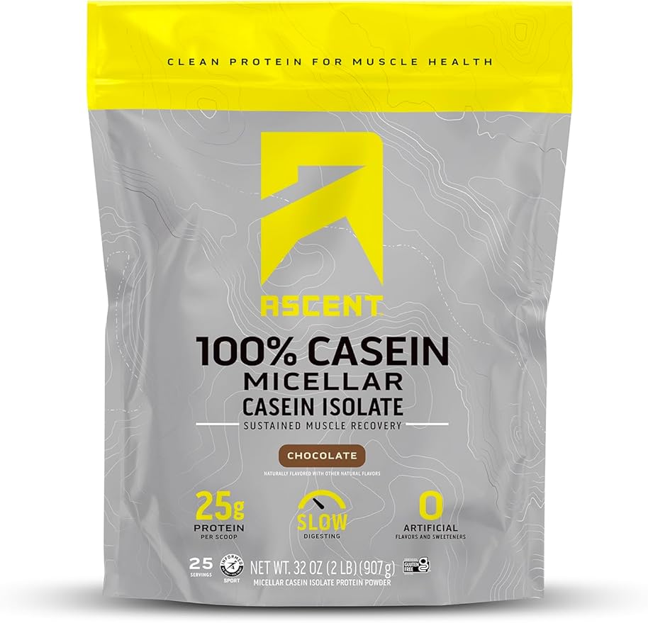 Ascent Casein Protein Powder - 25g Micellar Casein Powder with Zero Artificial Flavors &amp Sweeteners Gluten-Free No Added Sugar 4.9g BCAA 2.2g Leucine - Chocolate 2 Pounds
