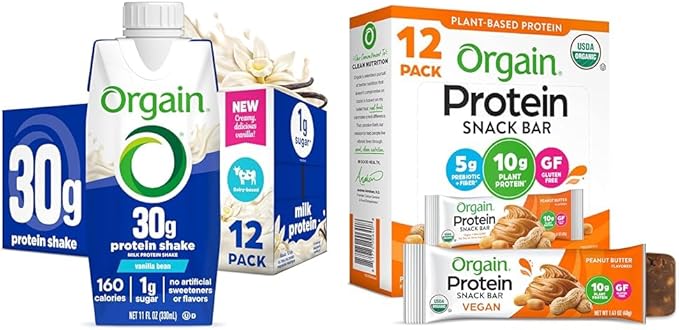 Bundle of Orgain 30g High Protein Shake Vanilla Bean 5g BCAAs11 Fl Oz Pack of 12 + Orgain Organic Vegan Protein Bars Peanut Butter - 10g Plant Based Protein Pack of 12
