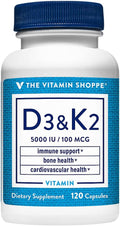 The Vitamin Shoppe Vitamin D3 K2 5000 IU - Bone Density &amp Heart Health | D3 + K2 MK-7 | 120 Capsules | Synergistic Formula