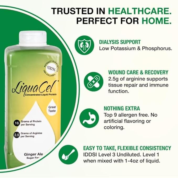 LiquaCel Concentrated Liquid Protein Ginger-Ale Flavor Ready-to-Drink 16g Hydrolyzed Collagen Protein and 2.5g Arginine Per 1oz Serving Sugar &amp Gluten Free 32 fl oz Bottle Case of 6