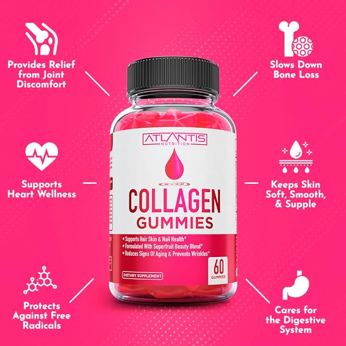 Atlantis Nutrition Collagen 60 Gummies + Sugar Free Prebiotic Fiber Gummies for Adults 2-Pack (120 Gummies)