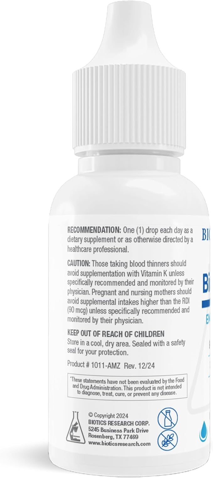 Biotics Research Bio K Mulsion Liquid Vitamin K Drops - 500 mcg/S - Vitamin K1 phytonadione for Adults - VIT K Supplement - Strong Bones Heart Health Blood Clotting Support 1 fl oz