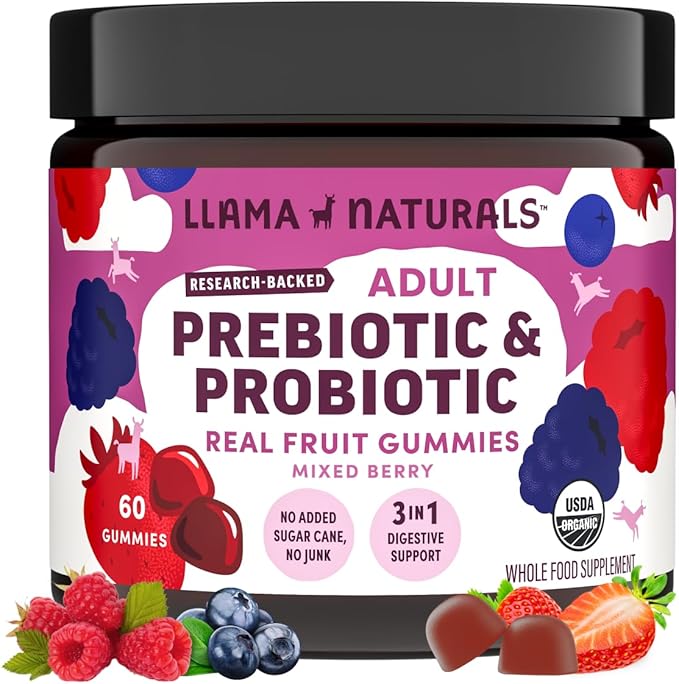 Llama Naturals Probiotics for Women and Men with Prebiotic Fiber Vegan Organic Probiotic Gummies for Gut Health Support Adults Real Fruit Gummy Vitamins No Added Sugar Cane Mixed Berry 60 Ct