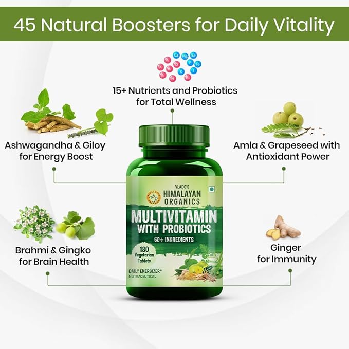 Himalayan Organics Organics Multivitamin with Probiotics - 45 Ingredients for Men and Women with Vitamin C D E B3 B12 Zinc Giloy and Biotin (180 Tablets)