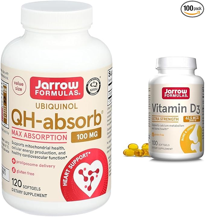 Jarrow Formulas QH-Absorb 100 mg Max Absorption - CoQ10 Ubiquinol &amp Vitamin D3 62.5 mcg (2500 IU) - 100 Servings (Softgels)