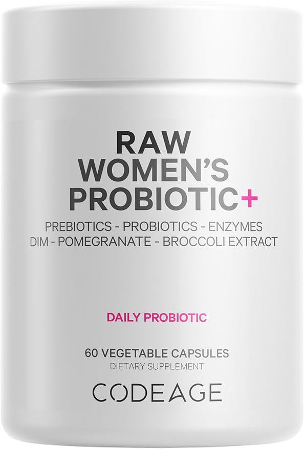 Codeage Raw Women’s Probiotic+ Supplement - 34 Probiotic Strains 100 Billion CFUs Digestive Enzymes Prebiotic Blend DIM Herbal Extracts Phytonutrients - Non-GMO - 30 Capsules