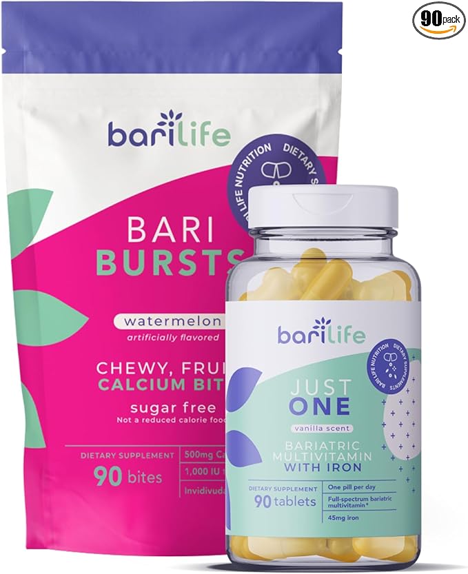 Bari Life Just One Once Daily Bariatric Multivitamin with Iron (90 Tablets) and BariBurst Calcium Citrate Soft Chews for Gastric Bypass Gastric Sleeve and Duodenal Switch (Watermelon)
