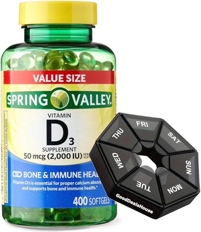 Bundle: Spring - Valley Vitamin D3 50 Mcg (2000 IU) Softgels 400 Count + Weekly Pillbox