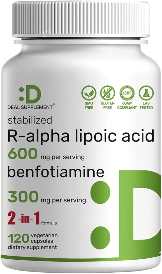 DEAL SUPPLEMENT R Alpha Lipoic Acid 600mg with Benfotiamine 300mg Per Serving 120 Veggie Capsules – 200mg R-ALA Per Capsule – Antioxidant Supplement for Energy &amp Nervous System Support