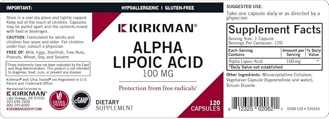 Kirkman Alpha Lipoic Acid 100 mg - Hypoallergenic | 120 Vegetarian Capsules