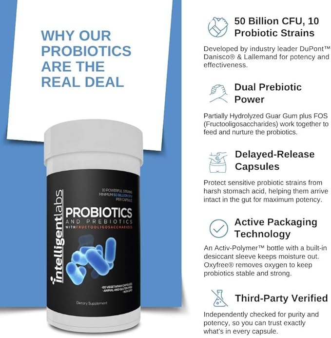Intelligent Labs Probiotic 50 Billion CFU with Prebiotics PHGG &amp FOS No Refrigeration Needed Once Daily 10x Effectiveness 60-Day Supply Third-Party Verified