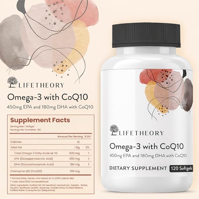 LIFETHEORY Omega-3 with CoQ10 | 450mg EPA &amp 180mg DHA per Serving | Fish Oil Dietary Supplement | with Coenzyme Q10 | 120 Softgels