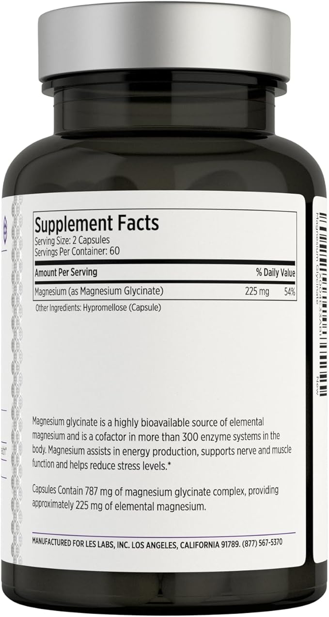 LES Labs Magnesium Glycinate – Supports Restful Sleep Heart Health Stress Relief Metabolism Nerve &amp Muscle Function Gentle on The Digestive System – Non-GMO Supplement – 120 Capsules