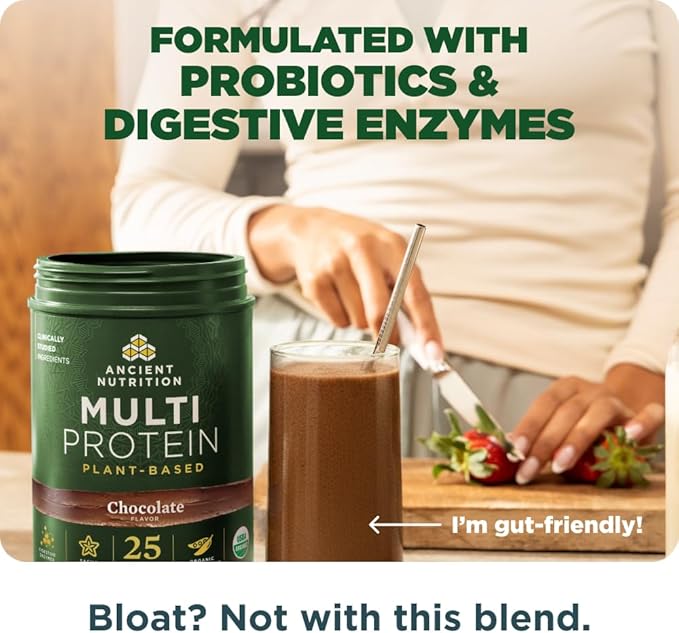 Ancient Nutrition Organic Multi Protein Plant Based Powder 25g Protein Hydrolyzed Pea Protein Digestive Enzymes &amp Probiotics Supports Muscle &amp Gut Health Chocolate 15 Servings