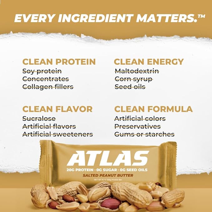 Atlas Real Food Protein Bar – 20g Clean Protein 0g Sugar No Seed Oils No Artificial Sweeteners (Salted Peanut Butter 12 Count)