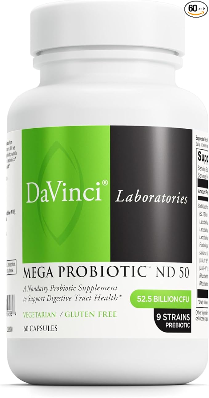 DAVINCI Labs Mega Probiotic ND 50 - Non-Dairy Probiotic Supplement with Prebiotic Fiber - Digestive &amp Immune Health Support* - Gut Support with Beneficial Bacteria* - 60 Vegetarian Capsules
