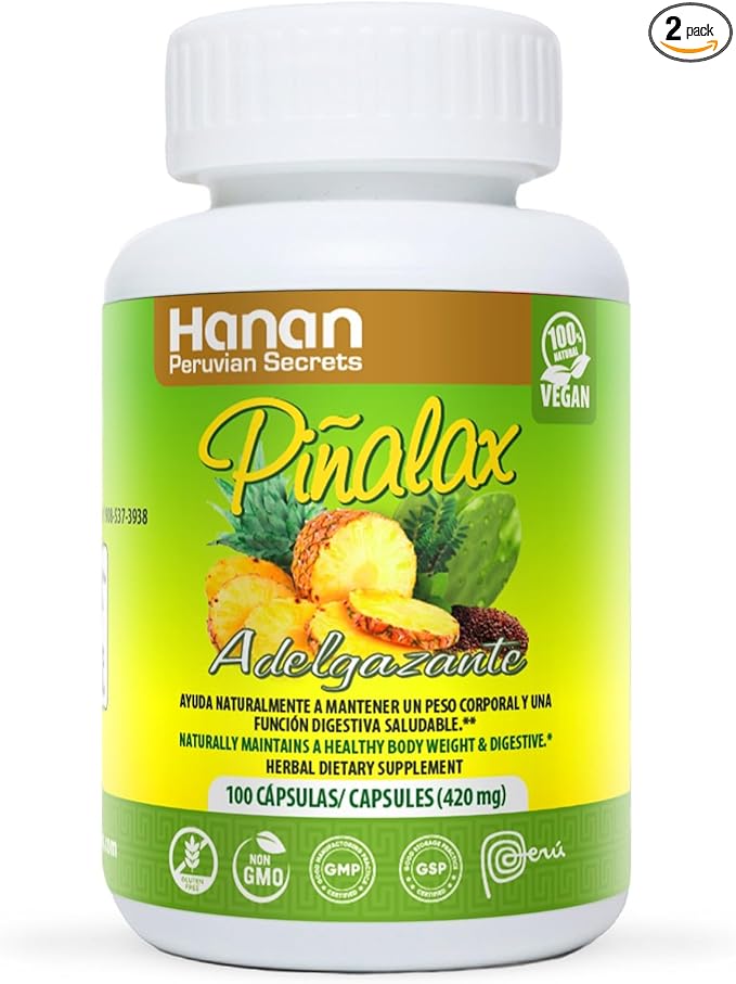 Hanan Piñalax 100 Capsules of Pineapple Green Tea Artichoke Stevia Yacon Leaves Senna Horsetail and Fennel from Peru Herbal Supplement - for Natural Cleanse &amp Detox