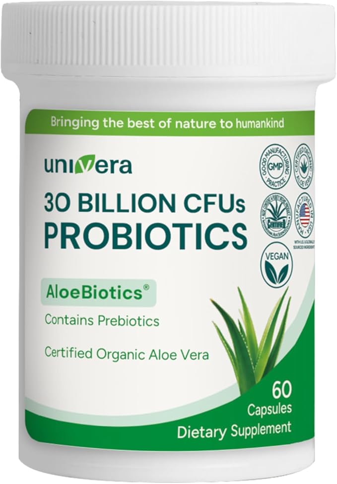 Univera Probiotics for Women Probiotics and Prebiotics 30 Billion CFUs with Organic Aloe Vera -14 Strains Digestive Enzymes for Adults - Vegan AloeBiotics 60ct.