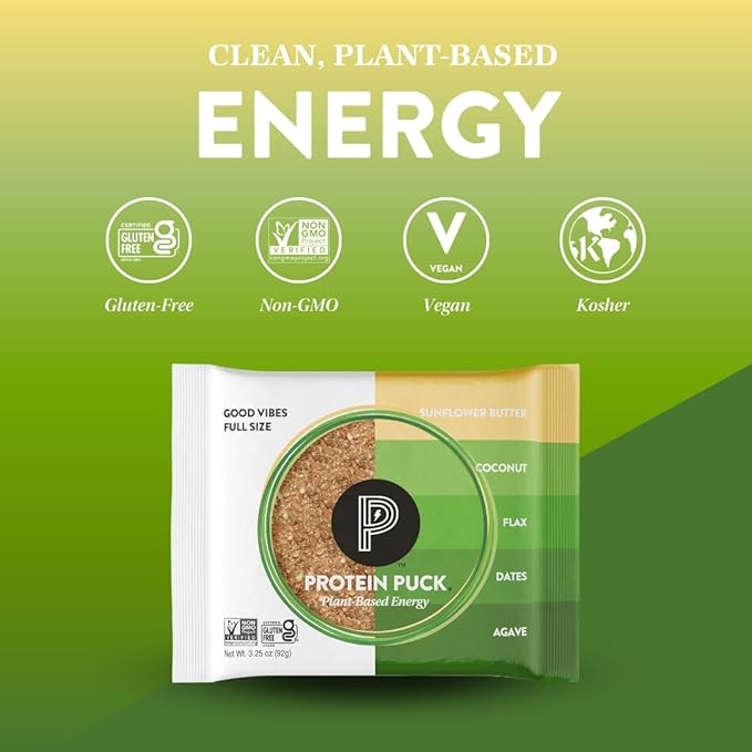 Protein Puck Plant Based Bars | Snacks with Vegan Protein | 16 Count | 3.25 oz Full Size | Gluten Free Non Dairy Kosher Certified Non GMO Premium Healthy Bars | Good Vibes