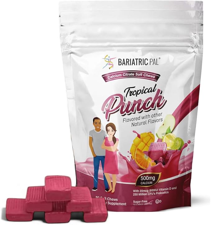 BariatricPal Sugar-Free Calcium Citrate Soft Chews | 500mg with Vitamin D &amp Probiotics | Tropical Punch | 90 Count (1 Month Supply)