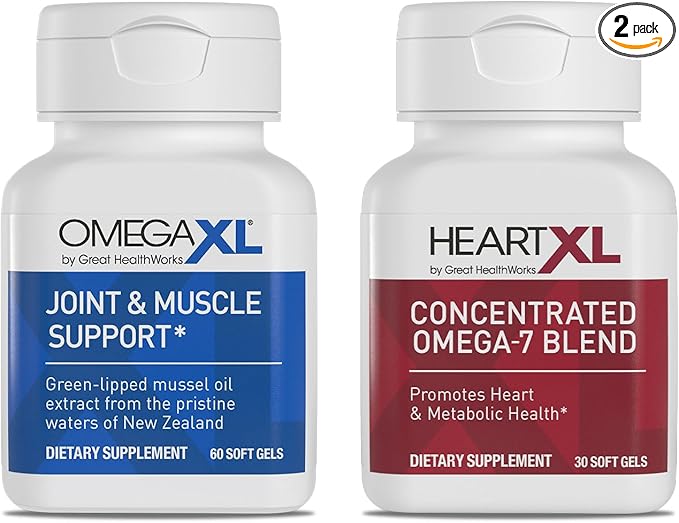 OmegaXL Joint Support Supplement - Natural Muscle Support Green Lipped Mussel Oil Soft Gel Pills Drug-Free 60 Count + HeartXL 30 Count High Potency Omega-7 Blend