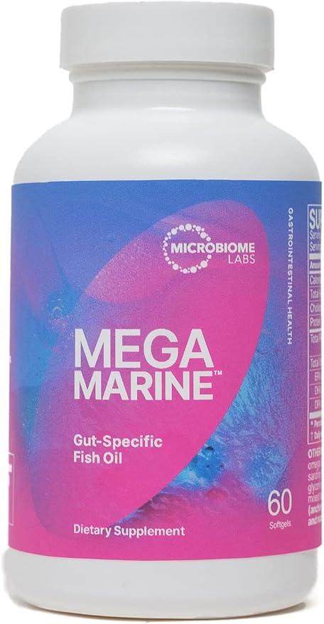 Microbiome Labs MegaMarine Omega 3 Fish Oil Supplements - Gut-Specific EPA DHA Omega 3 Supplement with DPA for Gut Health - Support Immune &amp Gut Barrier Function (60 Softgels)