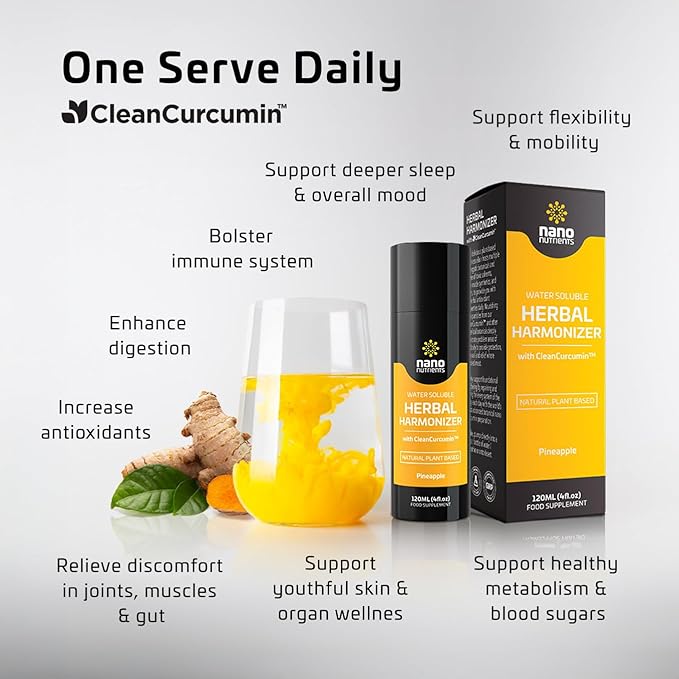 Herbal Harmonizer with CleanCurcumin(TM) - Multi Botanical Antioxidants Supplement - Water Soluble - Nano Curcumin - Holistic Wellness Defender - Healthy Drink Mix (4 fl.oz Apple and Blueberry)