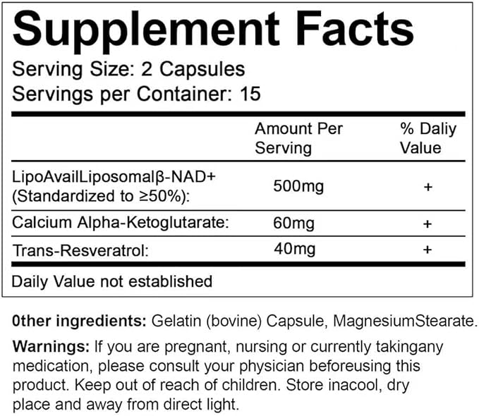 NAD+ Ultra Cell Care Capsules with Liposomal NAD+ Calcium Alpha Ketoglutarate &amp Trans-Resveratrol 60 Capsules Supplements