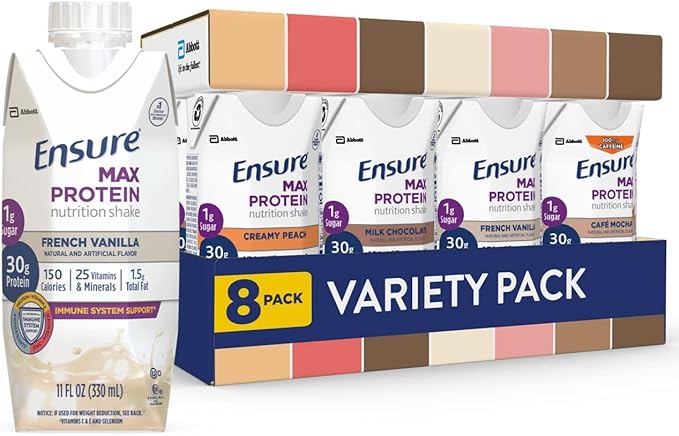 Ensure Max Protein Nutrition Shakes Variety Pack With 30g of Protein &amp Max Protein Nutrition Shake with 30g of Protein 1g of Sugar High Protein Shake French Vanilla Liquid 11 fl oz (Pack of