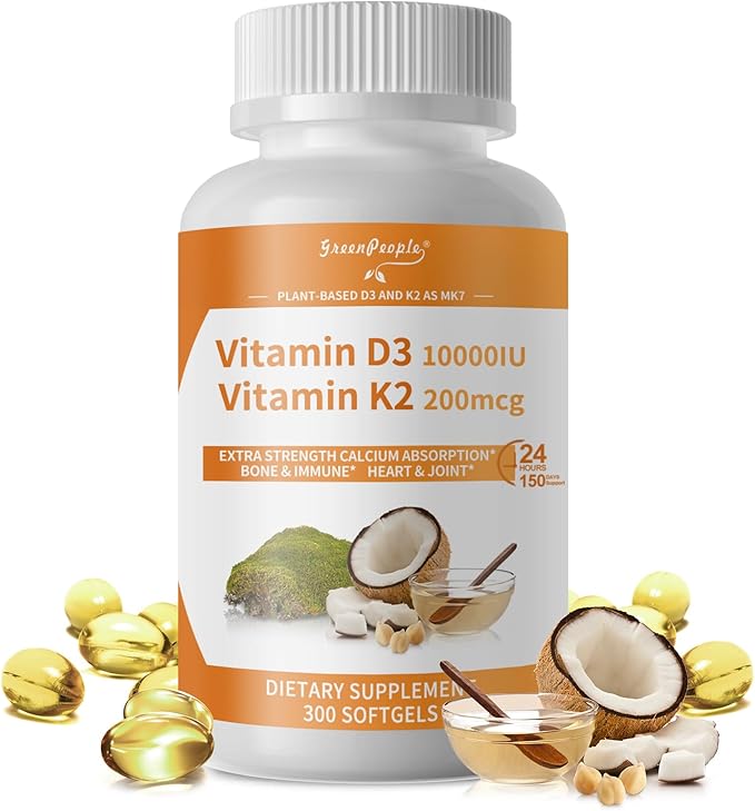 GREENPEOPLE K2 D3 Vitamin Supplement Vitamin D-3 &amp K-2 MK-7 10000 IU/200 mcg with Virgin Non-GMO Coconut MCT Oil | 300 Vegan Softgels | Bone Health Immune Support