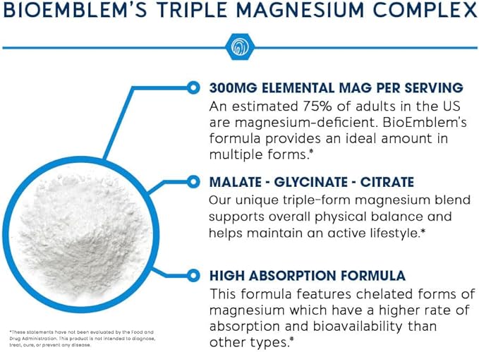 BioEmblem Triple Magnesium Complex | 300mg Magnesium Glycinate Malate &amp Citrate | High Absorption Chelated Formula | Vegan Non-GMO Gluten-Free | 90 Capsules