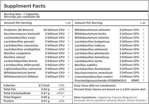 26-Strain Pre + Probiotic Capsules 52 Billion CFU FOSSENCE® Prebiotic Fiber Blend