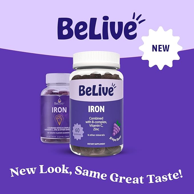 BeLive Iron Gummies - Multivitamin Iron Supplement with Vitamin C A B &amp Zinc Supports Blood Oxygen Vegan Supplements for Women Men &amp Kids for Growth and Development - Grape Flavor | 3-Pac