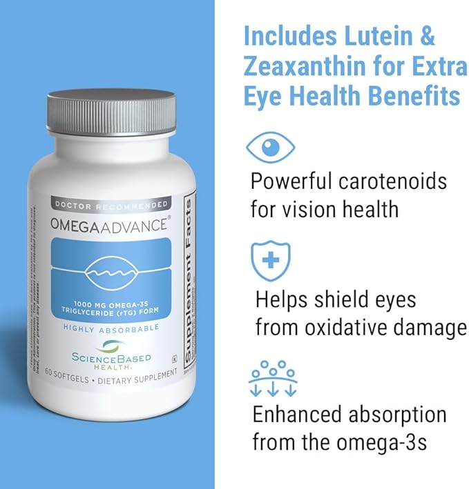 ScienceBased Health OmegaAdvance Omega-3 Fish Oil – Triglyceride Form with 1000 mg EPA &amp DHA – Plus Lutein &amp Zeaxanthin – Supports Heart Brain &amp Eye Health – Lemon Coated – 60 Softgels