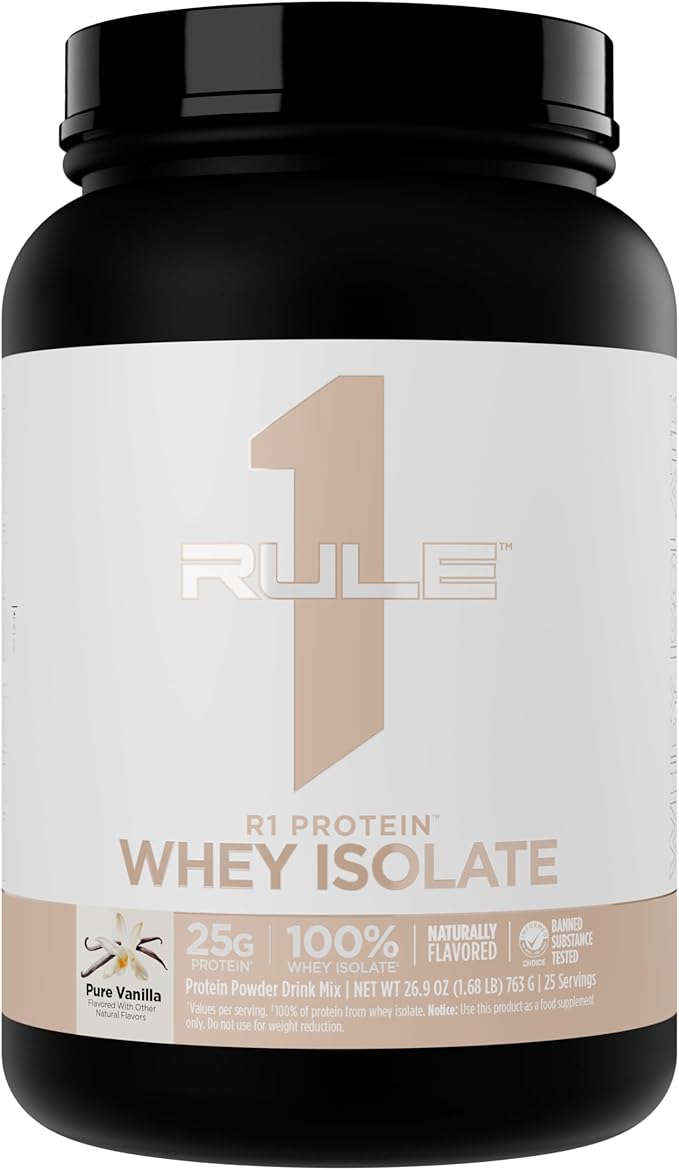 Rule 1 Naturally Flavored R1 Protein Whey Isolate - Clean Formula with 25g Protein &amp 6g BCAA Exclusively Isolated &amp Hydrolyzed Sources for Workout Recovery (1.7 Pounds* Pure Vanilla)