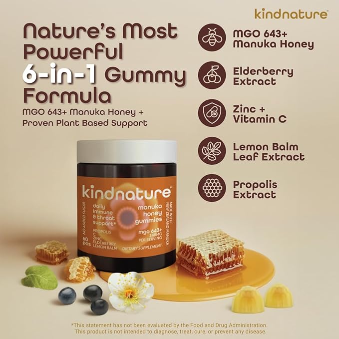 KINDNATURE Manuka Honey Medical Grade Gummies with MGO 643+ | New Zealand Manuka Honey with Zinc Vitamin C Elderberry – Immune &amp Throat Support Supplement | Kids Immune Support