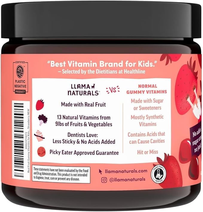 Llama Naturals Kids Multivitamin Gummies Vegan Organic with Vitamin D C &amp K Toddler Real Fruit Gummy Vitamins Chewable Supplement Cherry and Strawberry. 90 Ct