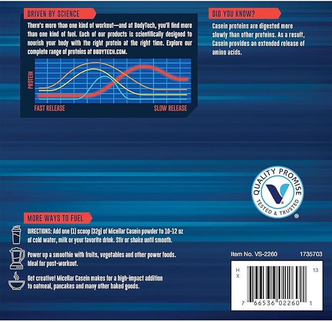 BodyTech Micellar Casein Protein Powder - Slow-Release for Overnight Muscle Recovery - 24g Protein per Serving - Rich Chocolate (2 lb)