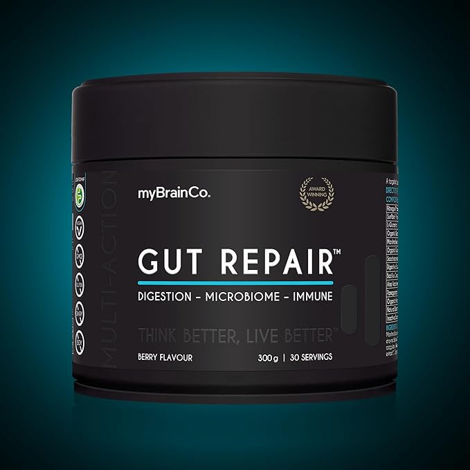myBrainCo. Gut Repair – Gut Health &amp Digestion Support Powder for IBS Bloating Reflux &amp Leaky Gut – Low FODMAP Certified with Probiotics Prebiotics Enzymes &amp Glutamine – 310g