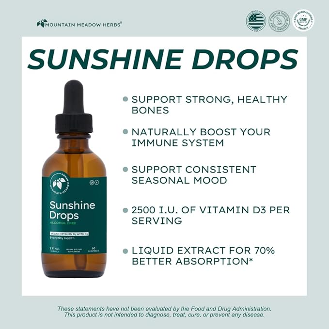 Mountain Meadow Herbs Sunshine Drops | Vegan Vitamin D3 Booster for Healthy Bones &amp Teeth | Ideal Winter Supplement | Tincture 2oz