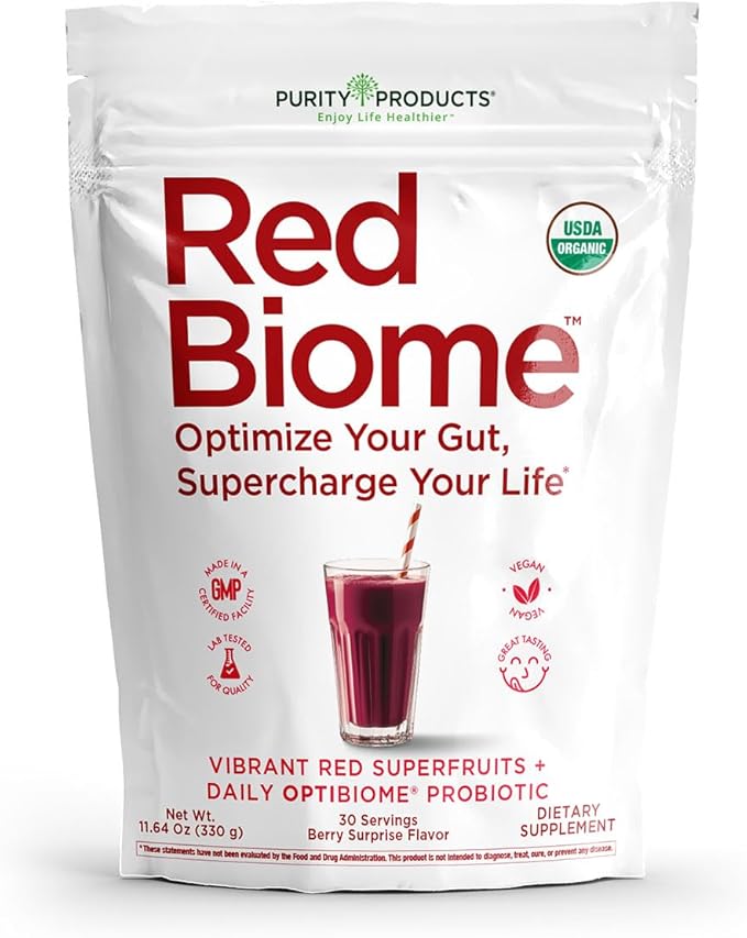 Red Biome – Gut Biome &amp Digestive Health Support with OPTIBIOME® Probiotic – Reduces Minor Bloating Burping &amp Gas – With 4g Organic Fiber Super Berries Superfoods &amp Antioxidants – 30 Se
