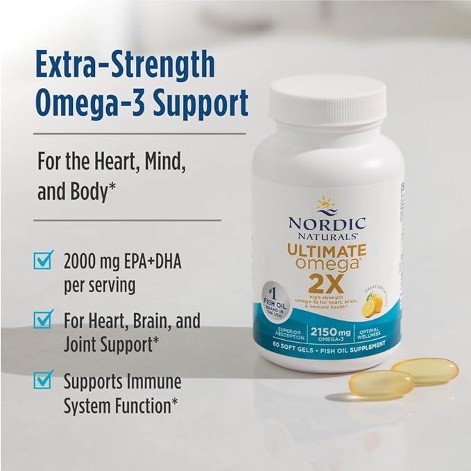 Nordic Naturals Ultimate Omega 2X Lemon Flavor - 90 Soft Gels - 2150 mg Omega- High-Potency Omega-3 Fish Oil with EPA &amp DHA - Promotes Brain &amp Heart Health - Non-GMO - 45 Servings