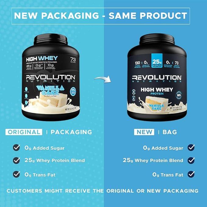 Revolution Nutrition High Whey Protein Powder 6LB Whey Isolate Gluten Free Lean Muscle Mass for Men &amp Women 25g of Protein Per Scoop 2.7kg 73 Servings (Vanilla Cake 6 Pound)