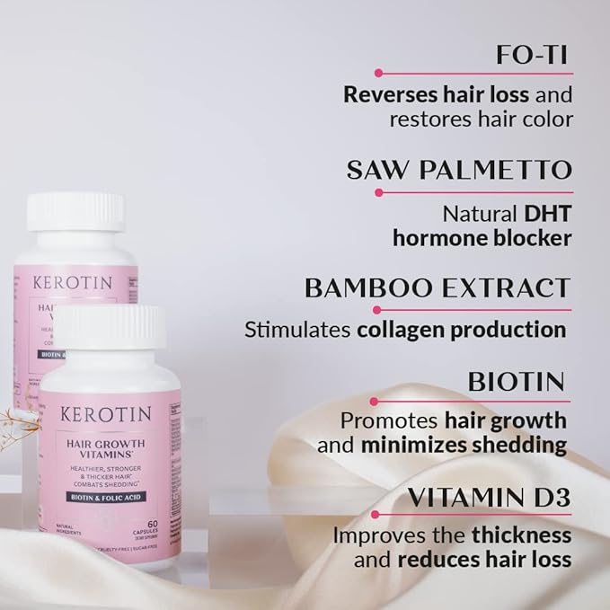Kerotin Hair Growth Vitamins Biotin Supplement DHT Blocker Collagen Stimulator for Hair Loss Support Nail &amp Skin Care Includes Saw Palmetto Vitamin D3 &amp More - 60 Pills (1 Month Supply)