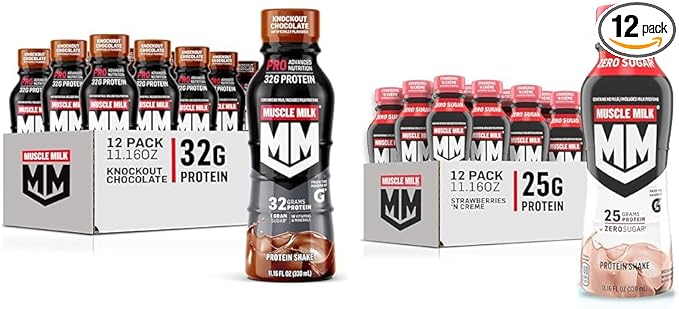 Muscle Milk Pro Advanced Nutrition Protein Shake &amp Genuine Shake Strawberry 11.16 Fl Oz Bottles (Pack of 12)