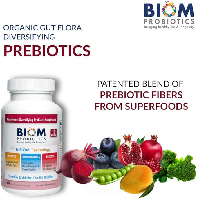 Biom Probiotics 3-in-1 Formula (Cold Shipped) with 10 Billion Flora Probiotics Prebiotics and Immunobiotics for Healthy Life &amp Longevity - Diversifies Gut Microflora and Microbiome - for Men &amp