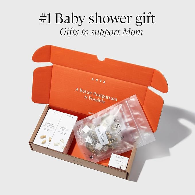 ANYA New Mom Breastfeeding Essentials Kit for Postpartum Recovery | Baby Registry Gift Set | Wellness Care Package with Postnatal Multivitamin Omega-3 Organic Lactation Tea &amp Organic Nipple Balm