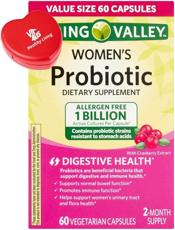 Spring Valley Women's Probiotic Dietary Supplement Vegetarian Capsules for Digestive Health Cranberry 60 Count Value Size + ViT4 Pill Box.