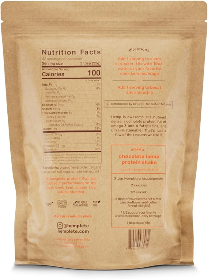 Organic Hemp Protein Powder Chocolate 40oz Value Size | Vegan Plant-Based Protein 14g Protein 70%+ Concentrate No Added Sugar Keto Friendly Clean and Natural