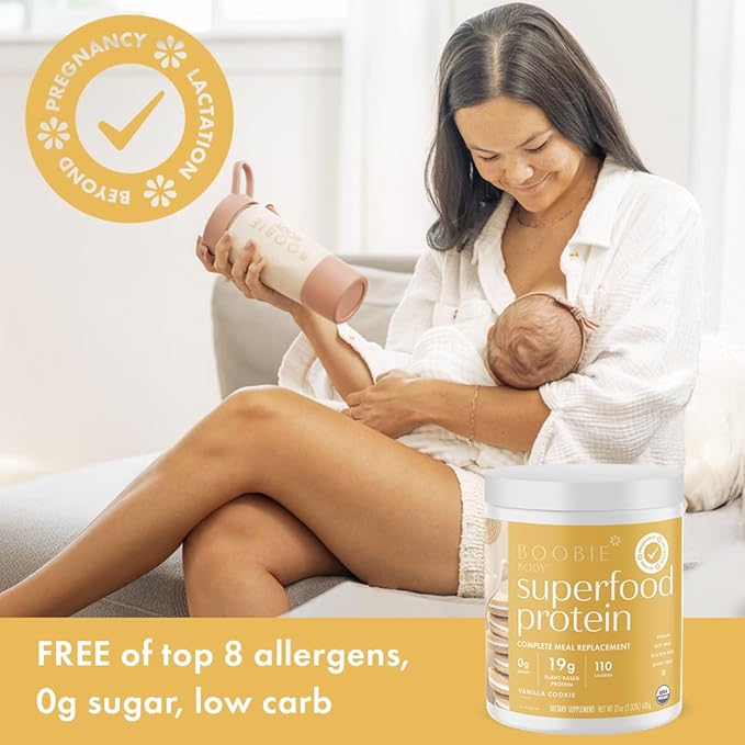 Boobie Body Superfood Protein Pregnancy and Postpartum Meal Replacement Shake Vanilla Chai Flavor | 19g Protein | Safe for Lactation &amp Motherhood | Organic Vegan Zero Sugar 1 Tub (20 Servings)